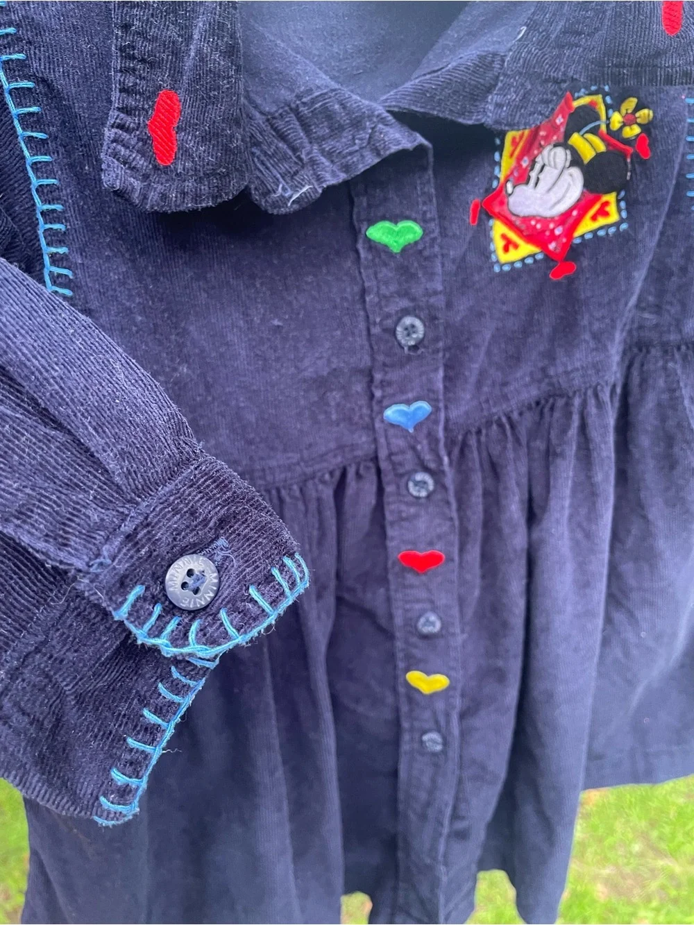 Vintage Disney Minnie Mouse Corduroy Button-Front Dress with Embroidered Accents